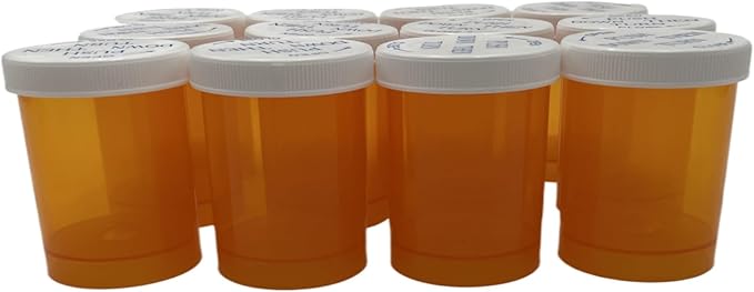Empty Plastic Medicine Pill Bottles with Child Resistant Caps, 20 Dram Amber Plastic Vial Travel Pill Case Organizer, Pack of 12 (20 Dram)