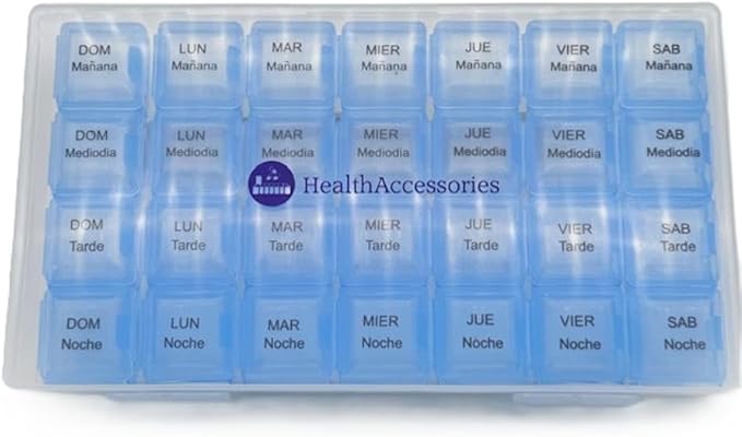 Spanish 7 Day Four Times a Day Weekly Pill Planner Organizer - Large Compartment Pill Boxes Store medications for Entire Week. Cuatro veces al día Durante UNA semana.
