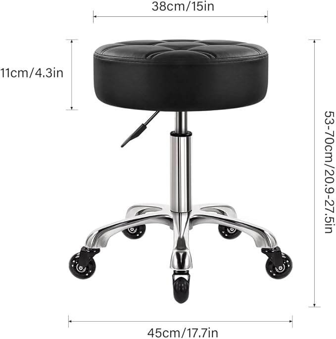 Heavy Duty Rolling Stool with Wheels Hydraulic Swivel Adjustable Rolling Stool Ergonomic Thick Leather Round Seat Chair for Kitchen Drafting Lab Office Salon Message Stool – Black