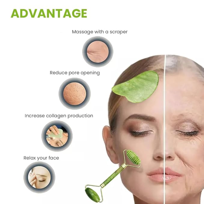 4-PCS Gua Sha Set, Skin Care Roller, Jade Roller Set, Face Stone Facial Roller Massage Tool for Face Eyes Neck Body, Smooth Wrinkles & Eye Puffiness(Green)