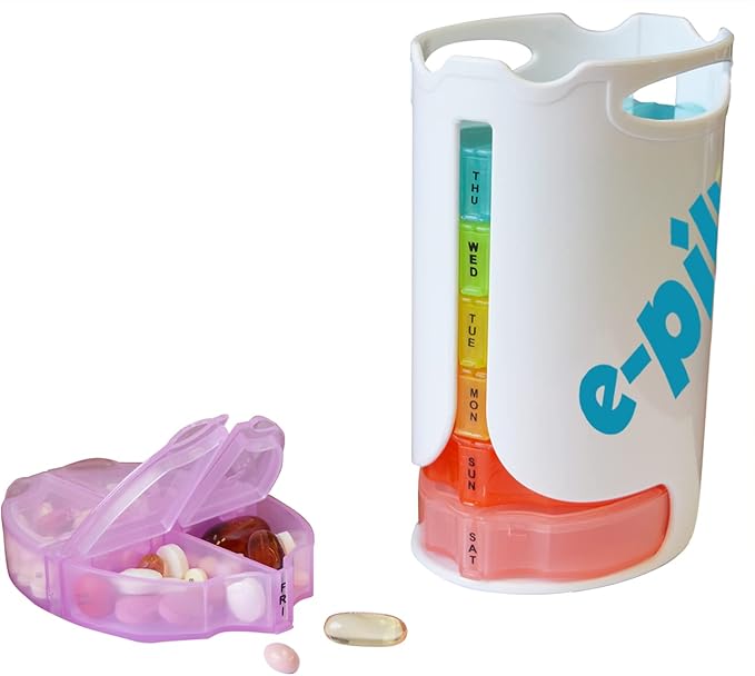 e-Pill Tower Pro - 4 Times a Day x 7 Day Weekly Pill Organizer, Vitamin and Medicine Pill Box - Stackable Pillbox Holder and Pill Cutter