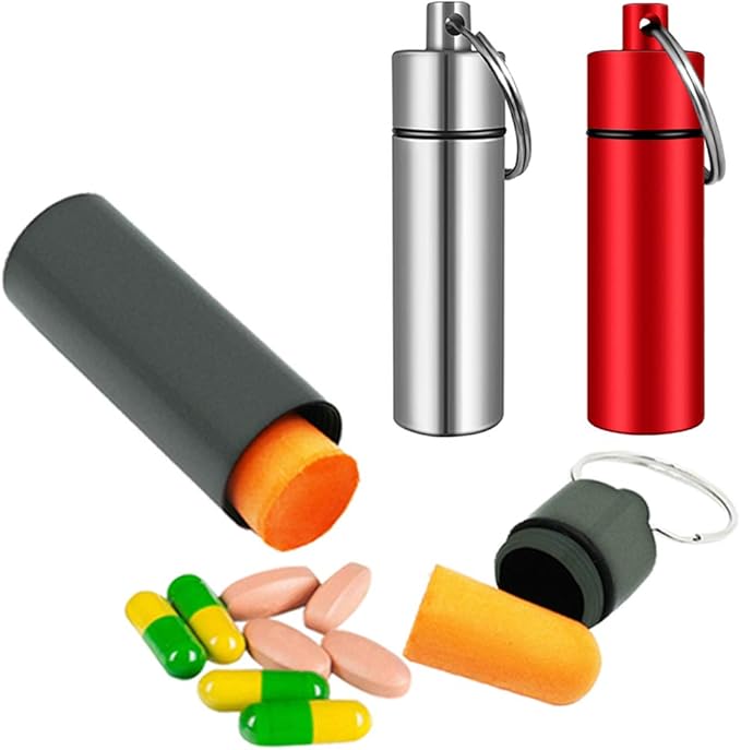 3 Packs Keychain Pill Holder, EFFIET Waterproof Pill Fob Case Box Outdoor Container for Emergency Medicine Foam Earplug Storage Case with Ear Plugs (Silver-Matt-Red)
