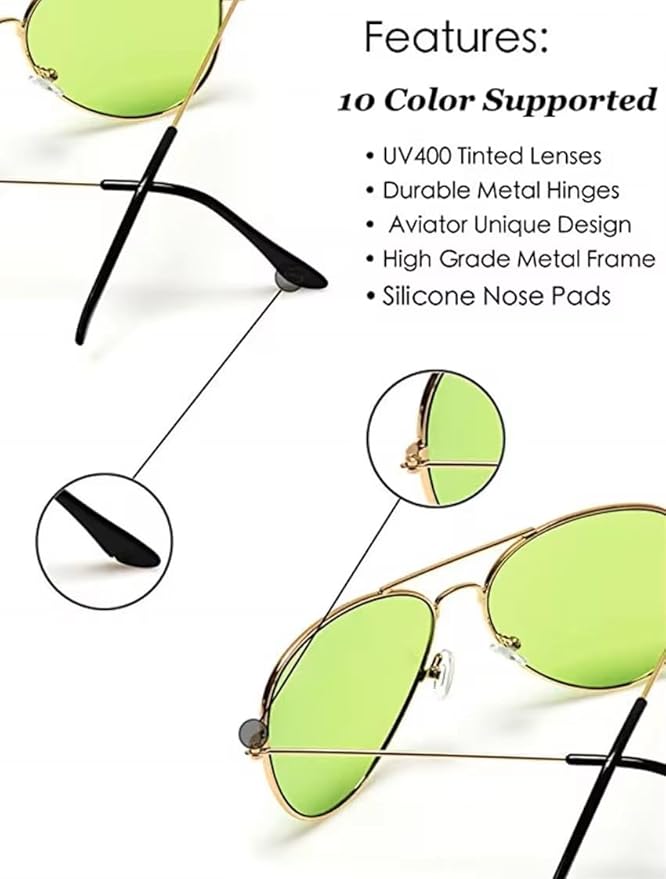 Aviator Style Color Therapy Glasses – Gold Metal Frame, UV400 Protection, Metal Hinges, Silicone Nose Pads – 10 Colors