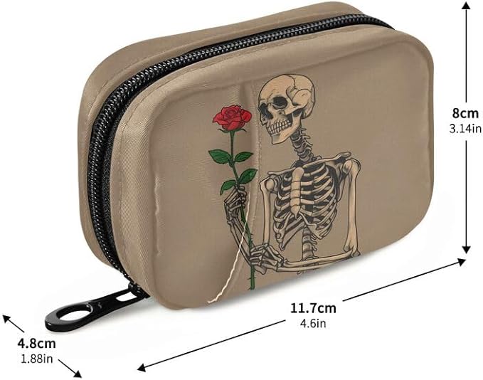 Skull Rose Pill Box 7 Day Pill Case Travel Pill Organizer Bag with Zipper Portable Weekly Vitamin Medicine Supplement Holder Pouch Bag