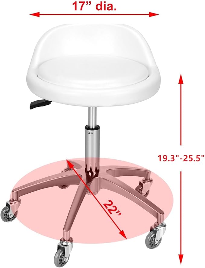 Rolling Salon Stool Chair with Back Support - Height Adjustable Hydraulic Stool with Wheels - Heavy Duty Swivel Stools 400lb Capacity for Home Salon Facial Spa Massage Clinic and Work Bench (White)