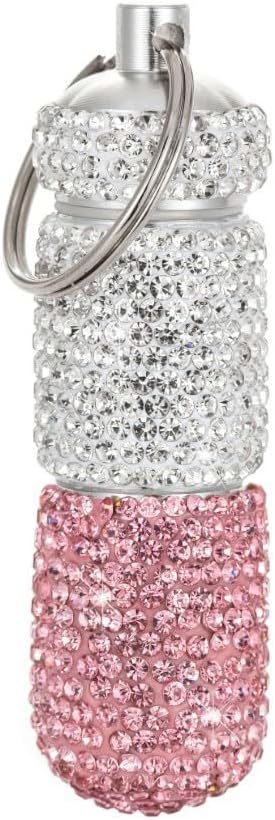 Bling Pill Case Portable Travel Pill Container Bottle Rhinestone Waterproof Small Pill Holder with Keychain Cute Mini Pill Storage Box (white pink)