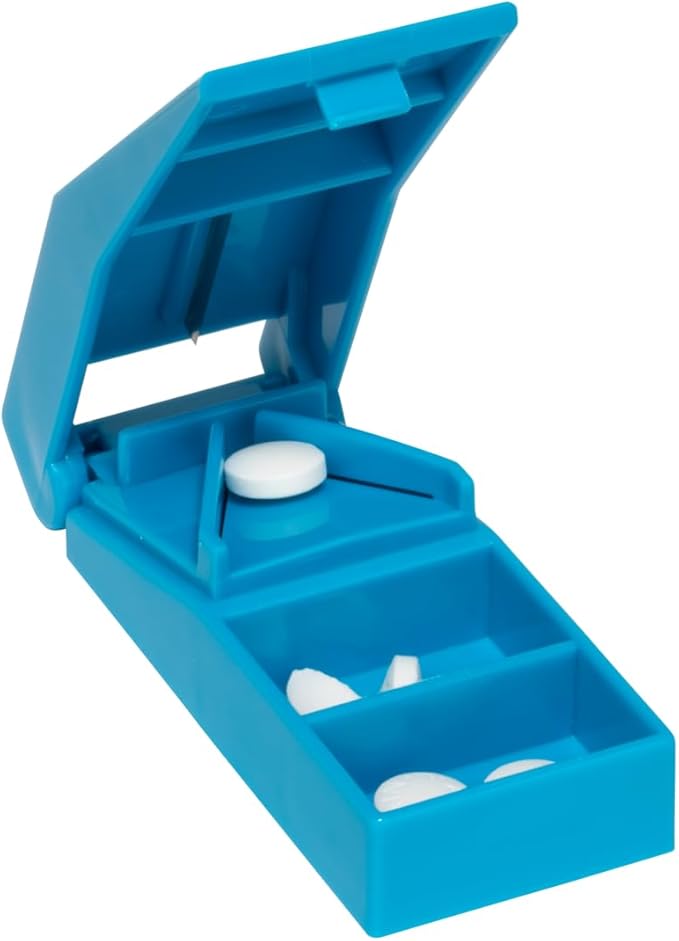 Acu-Life Pill Splitter with Storage, Stainless Steel Blade, Sturdy, Easy to Use, Accurate, Safely Cuts in Half Small, Tiny and Large Pills, Tablets, Vitamins, for Seniors, Pets, Blue, BPA Free