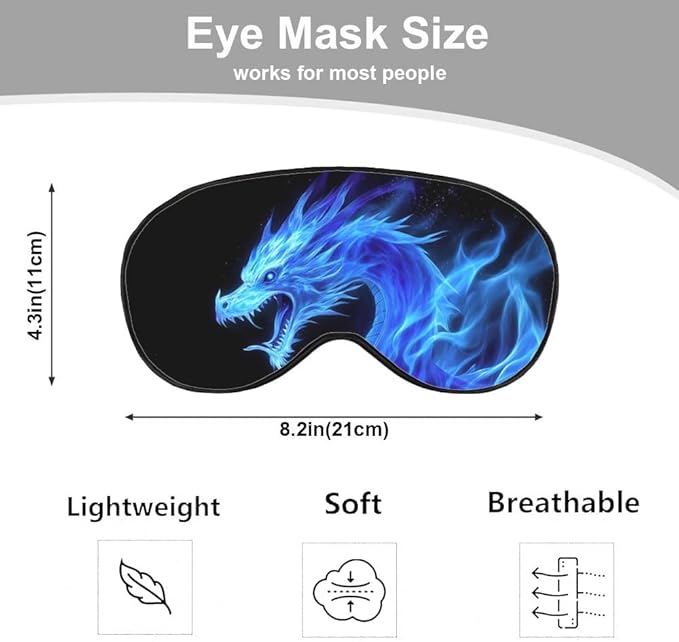 Fiery Dragon Sleep Eye Mask Blue Dragon Black Silk Eye Mask Sleeping Soft Eye Shade Cover for Men Women Boy Girl Airplane Travel with Elastic Strap