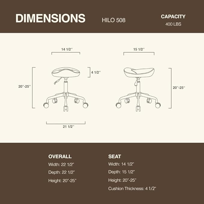Ergonomic Saddle Seat Adjustable Pneumatic Hydraulic Drafting Swivel Rolling Stool Chair for Medical Hygienic SPA Massage Salon Home and Office - Hilo 508 (Tan, Standard)
