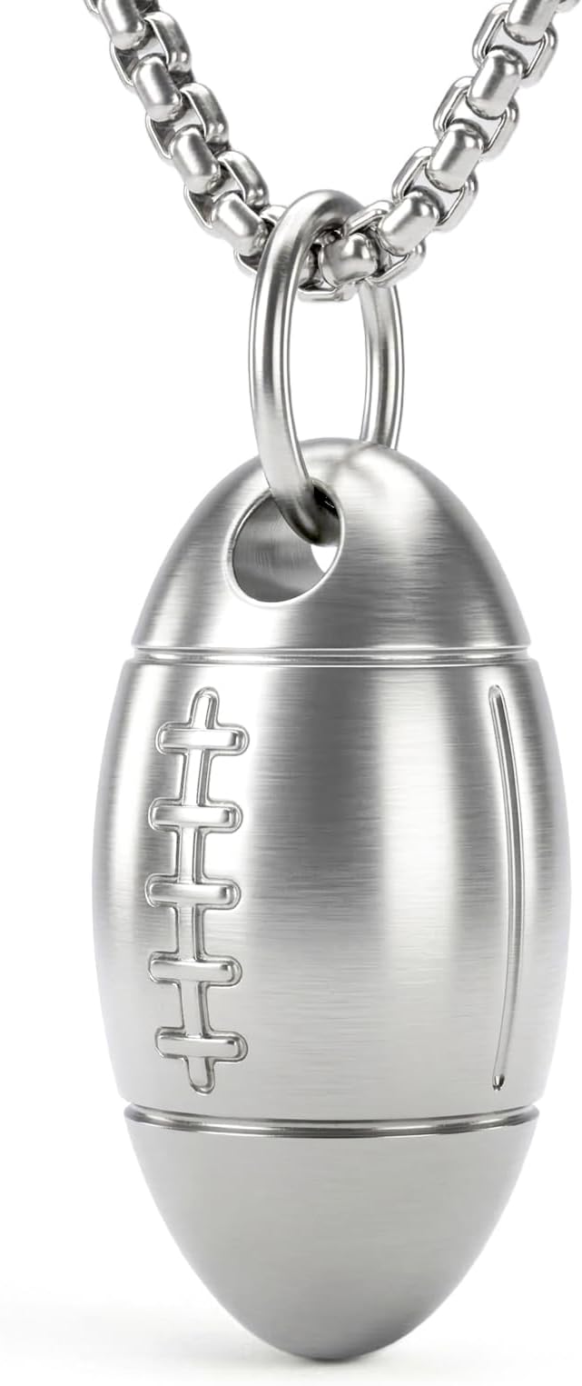 Football Shape Pill Holder Necklace Keychain Titanium Nitro Pill Case for Men Women Small Waterproof Pill Holder for Emergency Aspirin, Pill Container W/Chain Gifts Stocking Stuffers