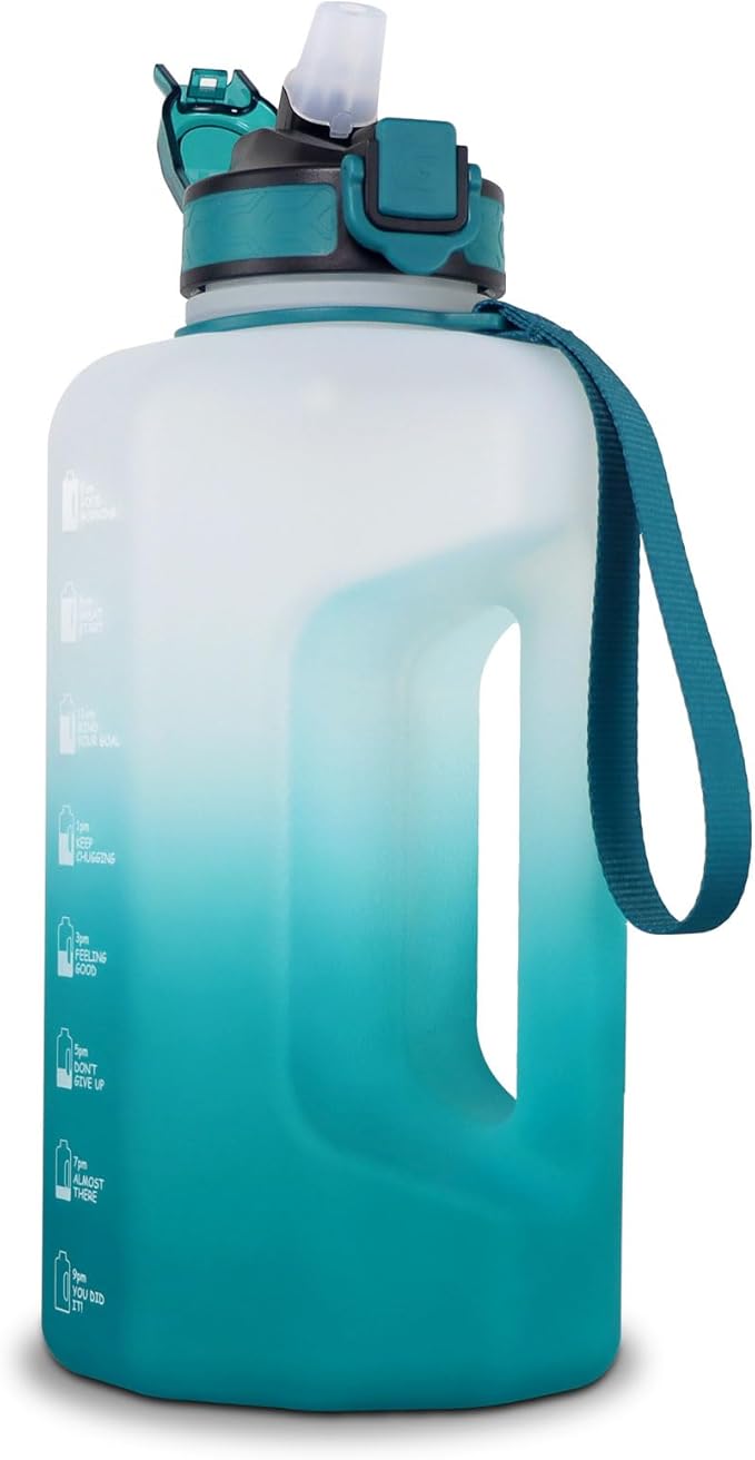 GEMFUL 2.2L Motivational Water Bottle with Straw & Measurements BPA-Free Half Gallon Jug for Gym Fitness Leakproof with Handle (Cyan)