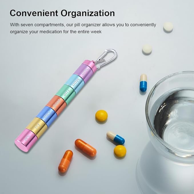 Pill Box Organiser, Portable Weekly Pill Box, 7 Day 1 Times a Day Compartments Tablet Organiser Box, Rainbow Metal Pill Holder Waterproof Pill Case with Keychain for Outdoor Travel Camping Work