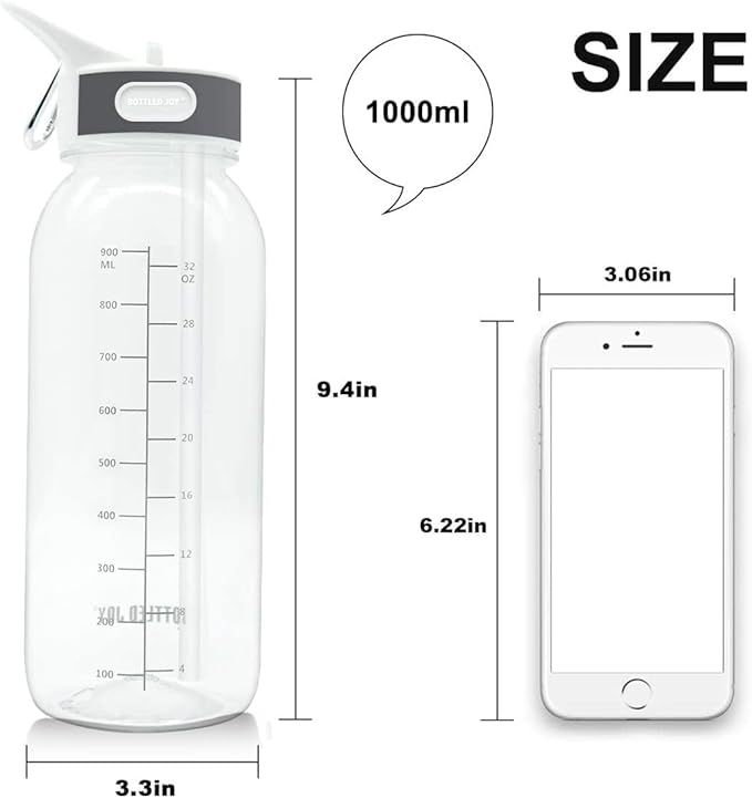 1L Clear Water Bottle, 32oz Motivational Water Bottle with Straw, Bottle Joy Sports Water Bottle with Time, Tritan Leakproof Markers-BPA-Free Jug, Buckle Drinking Bottles for School, Outdoor Gym