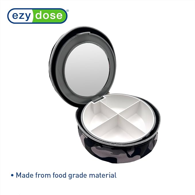 EZY DOSE Travel Pill Organizer with Built-in Mirror, Features Zippered Camo Case, Compact and Portable Medication Case for Daily Vitamins, Pills, and Medicine, Ideal for Travel and On-The-Go Use
