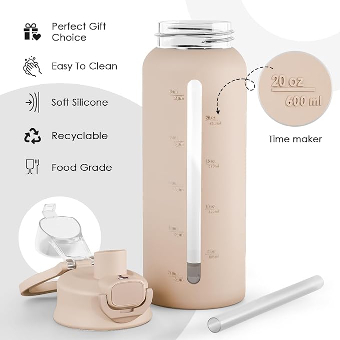 SANDJEST Glass Water Bottle with Silicone Sleeve 24oz with Lid, Motivational Time Marker, Drinking Hydration Glass Bottles for Men Women, Gym Travel Sports (Beige)