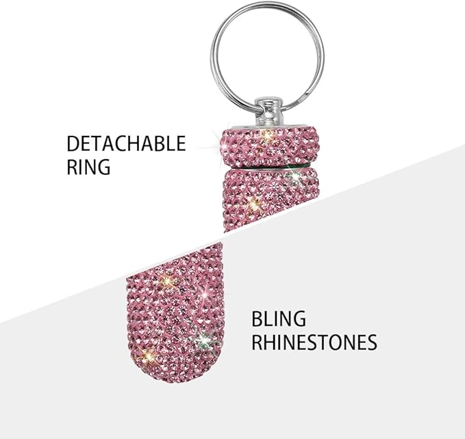 Portable Pill Case Pill Container Waterproof Pill Holder with Keychain Bling Pill Box Medicine Dispenser Bottle Storage for Outdoor Camping Travel (Pink)