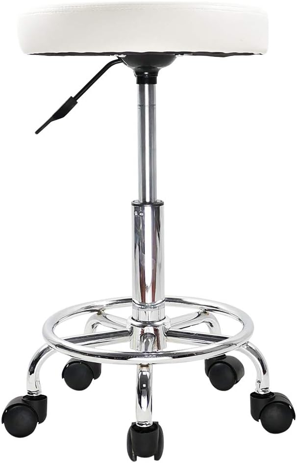 KKTONER PU Leather Round Rolling Stool with Foot Rest Swivel Height Adjustment Spa Drafting Salon Tattoo Work Office Massage Stools Task Chair Cushion 14 inches (White)