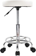 KKTONER PU Leather Round Rolling Stool with Foot Rest Swivel Height Adjustment Spa Drafting Salon Tattoo Work Office Massage Stools Task Chair Cushion 14 inches (White)