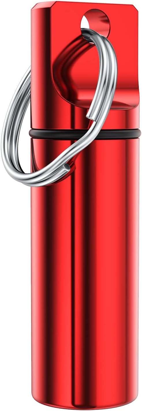 Small Pocket Pill Box Keychain, Aluminium Alloy Portable Mini Pill Organizer Case Container for Purse, Waterproof Metal Pill Holder Medicine Bottle for Outdoor Camping Travel (Red)