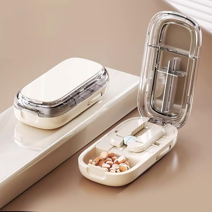 Pill Cutter Splitter for Small and Tiny Pills, Accurate Multi-Pill Splitter Tablet Cutter Pill Organizer with Centering Guide & Double Safety Blades to Cut 1/2&1/4 (Beige)