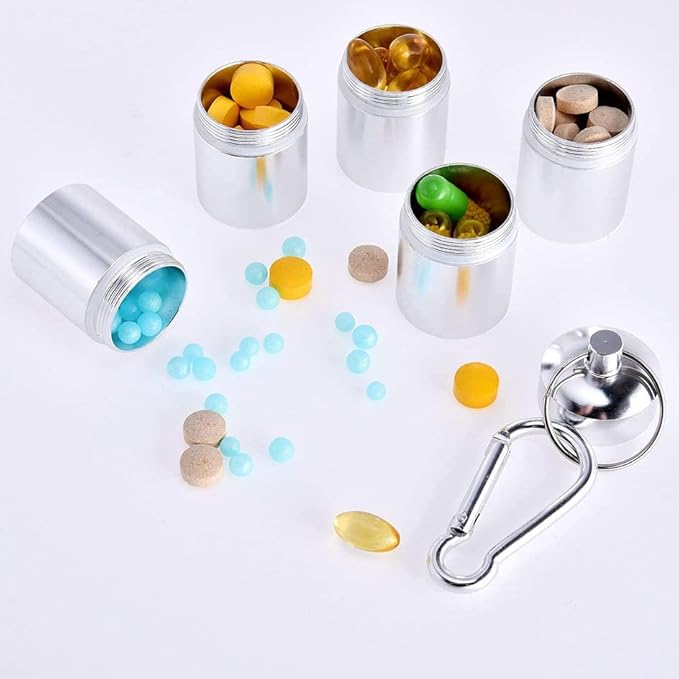 Tvoip Portable Pill Case Keychain Waterproof 7 Days Pill Holder Travel Pill Container Portable Medicine Keychain Daily Airtight Pill Organizer for Outdoor Camping Travel (Silver)