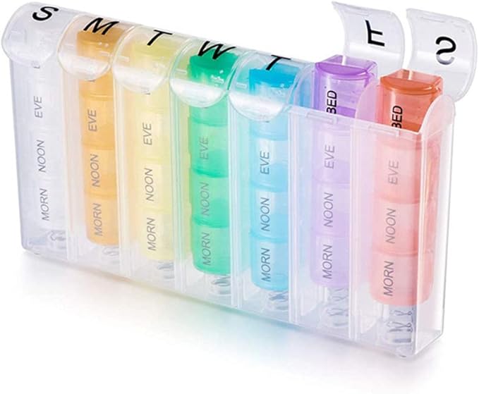 Extra Large Weekly Pill Organizer 4 Times a Day, 7 Day Pill Box, Daily Pill Case with 28 Compartments, Portable Travel Container for Fish Oils, Vitamins, Medication (Multicoloured)