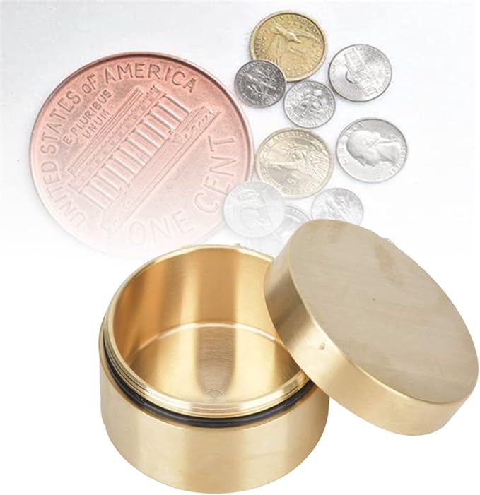 Watris Veiyi Round Shape Brass Pill Case, Metal Jewelry Storage Box, Sealed Coin Storage Box, Waterproof Mini Accessories Container for Outdoor Travel Home Office School(S)