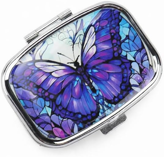 WATASSA Pill Box with Animal Style Mirror All-in-One 2-Compartment Portable Medicine Organizer, Marble Pattern Travel Pill Case for Vitamins&Daily Medication(Fits Pocket/Purse) (Purple Butterfly)