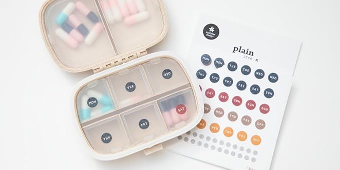 Travel Pill Organizer with 8 Compartments- Pill Container for Medication, Vitamins, Jewelry, and Small Items- Pocket Pharmacy with Labels (Beige)