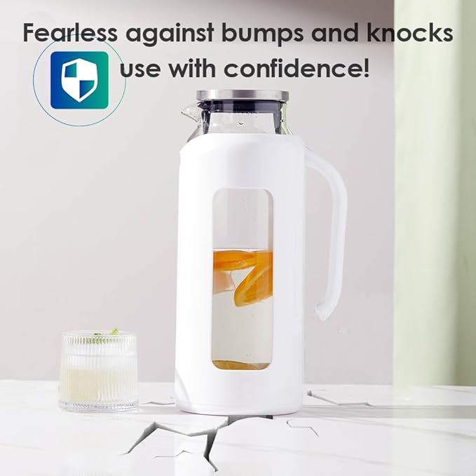 Delove Glass Pitcher with Lid & Shatterproof Shell – Heat-Resistant Borosilicate Glass Jug, 2 L/68 oz with Handle & Spout – Perfect for Iced Tea, Juice, Hot & Cold Water (White)