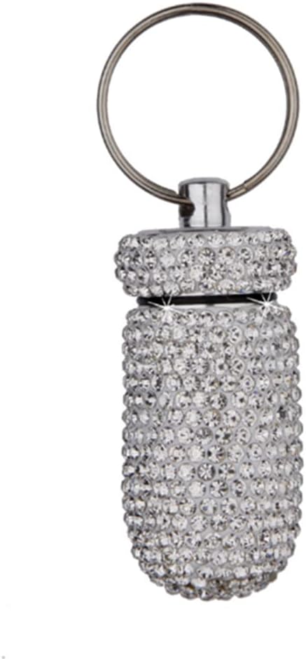 2 Pack Bling Crystal Rhinestones Waterproof Pocket Keychain Pill Holder，Portable Mini Aluminium Alloy Pill Organizer Case Container to Hold Vitamins for Outdoor Camping Travel（Silver,Pink）