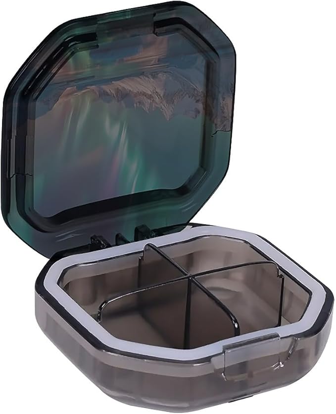 This Portable Northern Lights Pattern 4-Compartment Pillbox Can Be Placed in A Pocket Or Wallet to Store Vitamins, Medicines Fish Oil Health Supplements Other Medications.