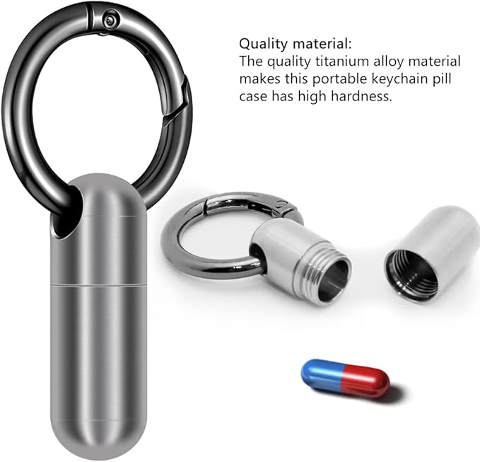 2PCS Micro Keychain Pill Holder, Portable Mini Size Titanium Alloy Pill Box Case, Waterproof & Lightweight Keychain Pill Container for Emergency Outdoor Travel Camping