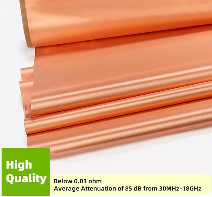 Copper Fabric Blocking RFID/RF-Reduce EMF/EMI Protection Conductive Fabric for Smart Meters Prevent from Radiation/Singal/WiFi Golden Color 197"x43" inch with Free 40" L Conductive Adhesive Tape