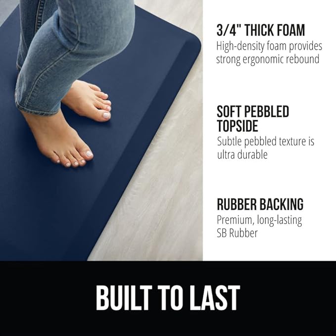GORILLA GRIP Comfortable Cushioned Kitchen Mats for Floor, 70x24, Waterproof and Stain Resistant Soft Top, 3/4 Inch Thick Ergonomic Standing Desk Anti Fatigue Mat, Foam Supports Feet, Navy Blue