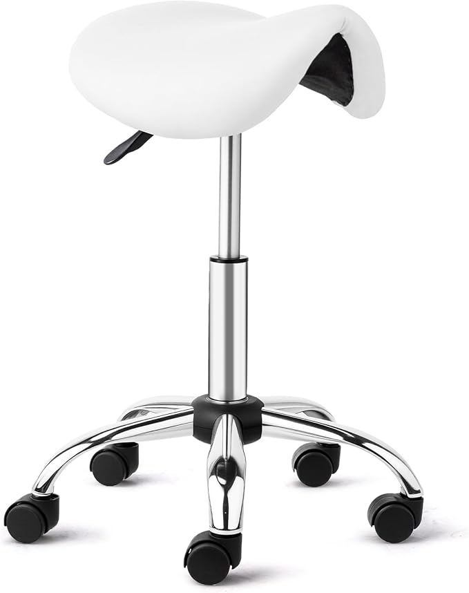 OmySalon Saddle Stool Rolling Chair, Ergonomic Saddle Chair with Swivel Wheels, Adjustable Hydraulic Stylist Cutting Stool for Salon Tattoo Massage Office Medical, White