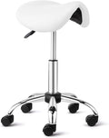 OmySalon Saddle Stool Rolling Chair, Ergonomic Saddle Chair with Swivel Wheels, Adjustable Hydraulic Stylist Cutting Stool for Salon Tattoo Massage Office Medical, White