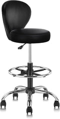 Leather Drafting Stool Chair Padded Seat 360° Swivel Rolling Stools Adjustable Height with Ergonomic Backrest and Footrest, Tall Office Chair for Standing Desk, Studio, Labs, Reception, Black