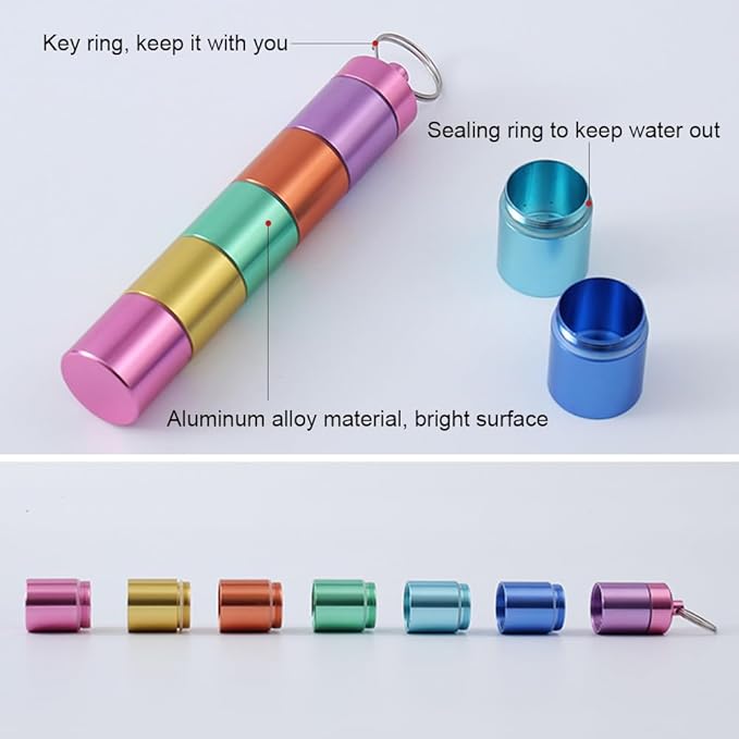 Pill Box Organiser, Portable Weekly Pill Box, 7 Day 1 Times a Day Compartments Tablet Organiser Box, Rainbow Metal Pill Holder Waterproof Pill Case with Keychain for Outdoor Travel Camping Work