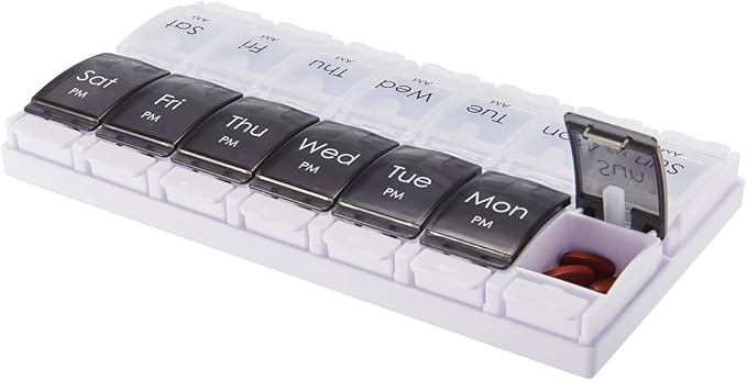 7-Day Weekly Pill Case, Daily Medicine Box Planner, Portable Vitamin Organizer Dispenser, AM/PM, Large 14 Compartments Capsule Fish Oil Tablet Container, Black and Transparent Lids, BPA Free