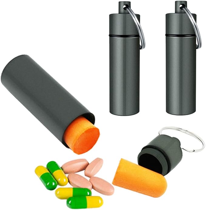 3 Packs Keychain Pill Holder, EFFIET Waterproof Pill Fob Case Box Outdoor Container for Emergency Medicine Drugs, Foam Earplug Storage Case with Ear Plugs (Matt Finished)