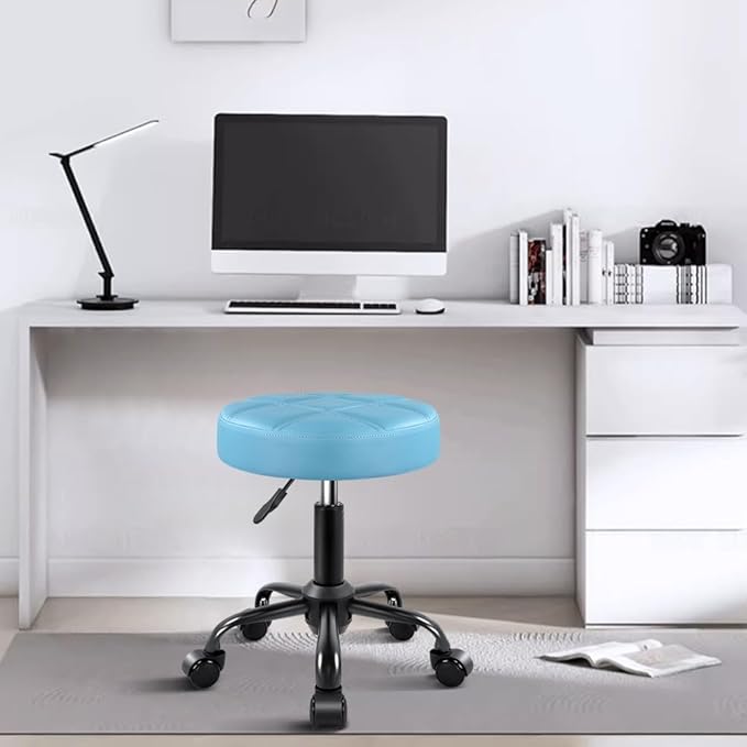 KKTONER Rolling Stool Chair PU Leather Height Adjustable Round Stool with Wheels Chair for Salon Spa Drafting Small Sky Blue
