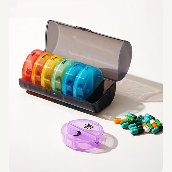 Weekly Pill Case Organizer, Twice a Day, Travel AM PM Vitamin Reminder, Colorful 14 Compartments with Box, Portable Daily Medicine Dispenser Planner for Supplement, Fish Oil, Capsule