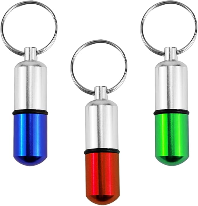 3Pcs Keychain Pill Case Portable Metal Medication Holder Aspirin Container Waterproof Mini Pill Box for Travel Outdoor (Red,Blue,Green)