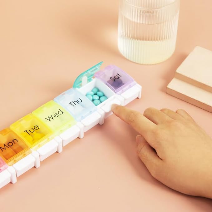 7 Day Pill Case Organizer, Large Medicine Box Dispenser Daily, Colorful Travel 7 Dividers Vitamin Holder with Easy Push Button for Medication, Supplement, Fish Oil, Cod Liver Oil, Capsules