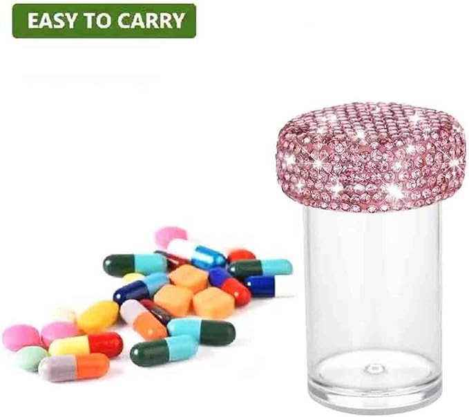 Bling Diamond Portable Waterproof Pill Case Medicine Dispenser Bottle Storage for Outdoor Camping Travel (Pink)