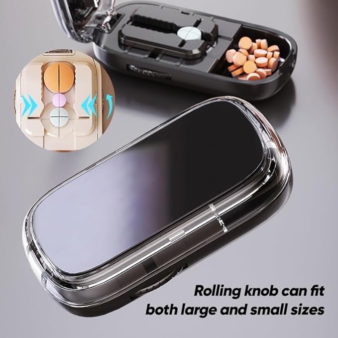 Pill Cutter Splitter for Small and Tiny Pills, Accurate Multi-Pill Splitter Tablet Cutter Pill Organizer with Centering Guide & Double Safety Blades to Cut 1/2&1/4 (Black)