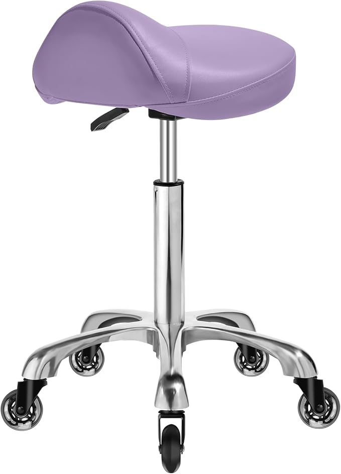 Saddle Stool with wheels Ergonomic - Heavy Duty 400lbs, Upgraded Thick Saddle Cushion, Healthy Posture Correction, Swivel Adjustable Rolling Saddle Stool, Saddle Chair for Salon Massage Home (Purple)