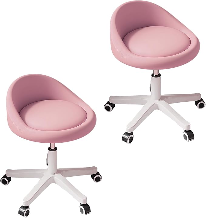 Rolling Stool Chair with Backrest, Round PU Leather Adjustable Height Hydraulic Swivel Rolling Stool for Spa Salon Tattoo Massage Doctor Dental Medical Office Pink Set of 2