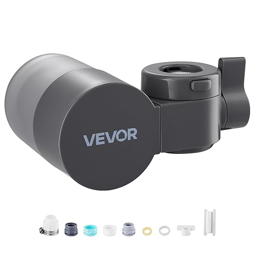 VEVOR Faucet Mount Water Filter, Horizontal Water Purifier for Sink Tap, Carbon Fiber Filters, Removes Chlorine Lead with 1 Filter, Fits Most Kitchen or Bathroom Faucets, Gray